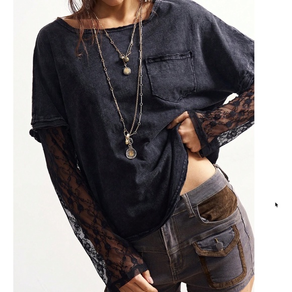 Women's Black Lace-Sleeve Long Sleeve Tee - Picture 3 of 6